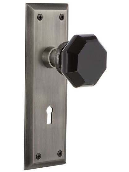 New York Mortise Lock Set with Colored Waldorf Crystal Glass Knobs Black in Antique Pewter.
